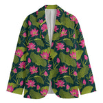Hot Pink Lotus Pattern Print Men's Cotton Blazer