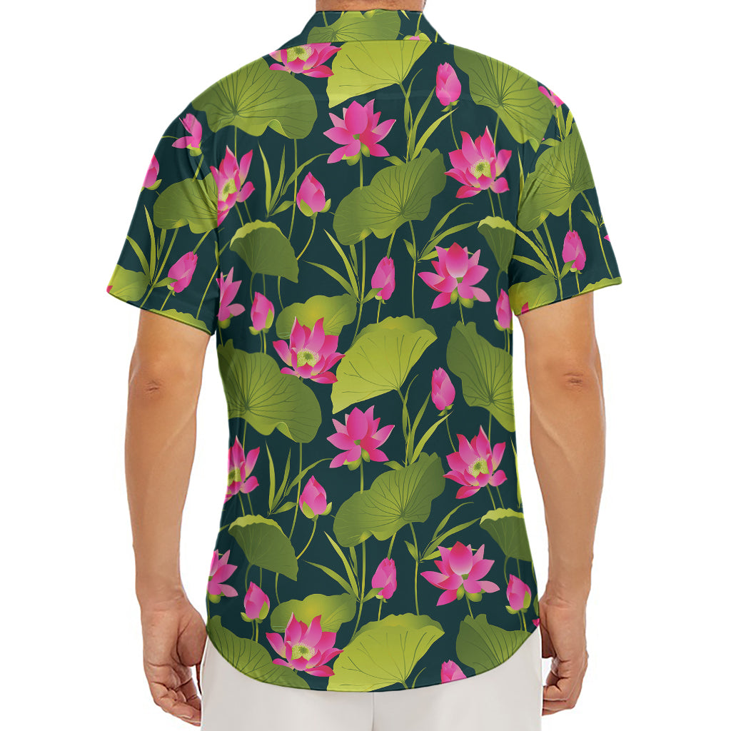 Hot Pink Lotus Pattern Print Men's Deep V-Neck Shirt