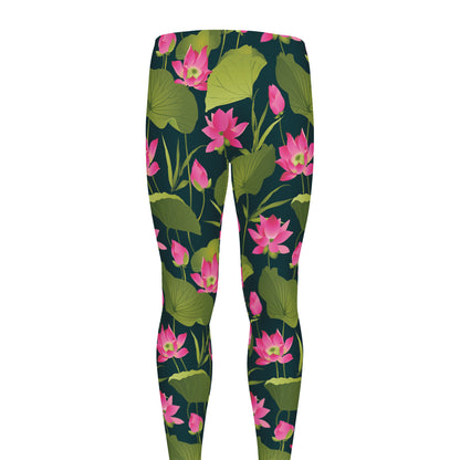 Hot Pink Lotus Pattern Print Men's leggings