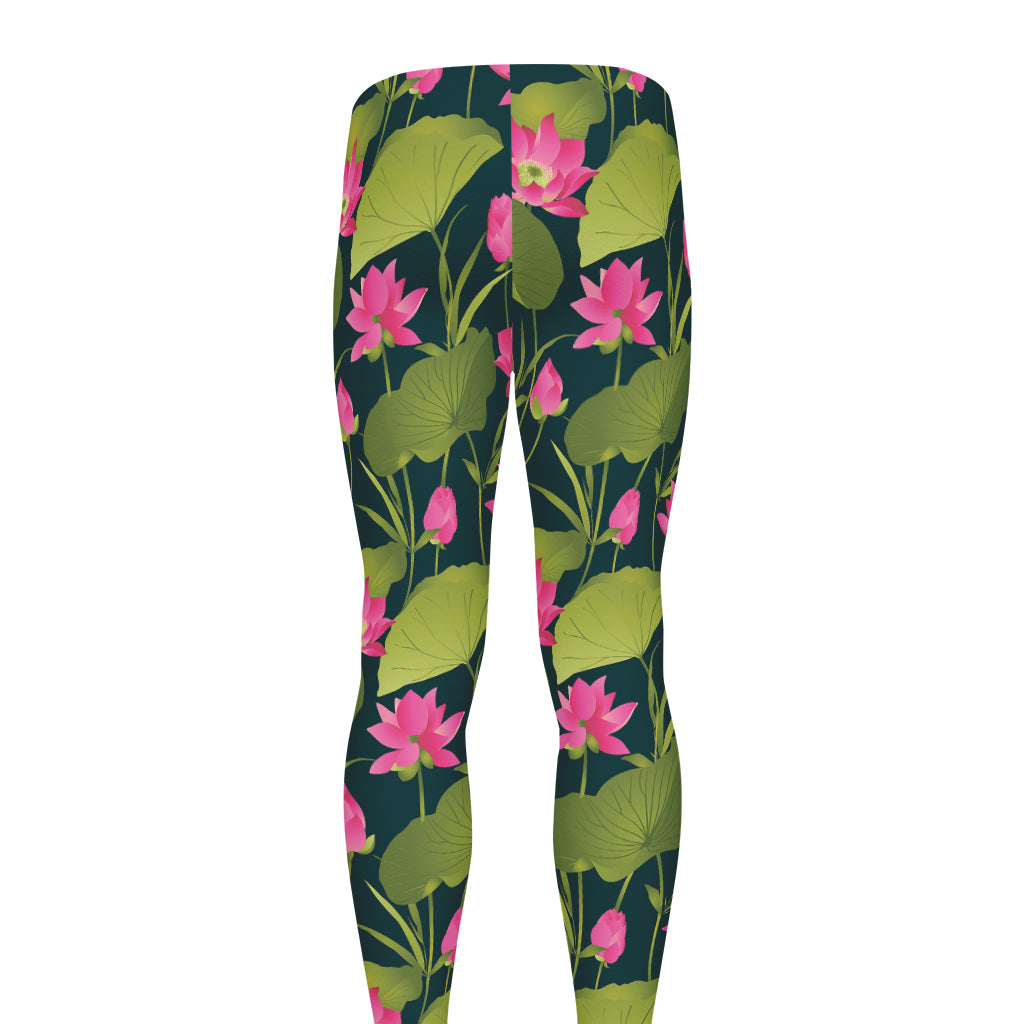 Hot Pink Lotus Pattern Print Men's leggings