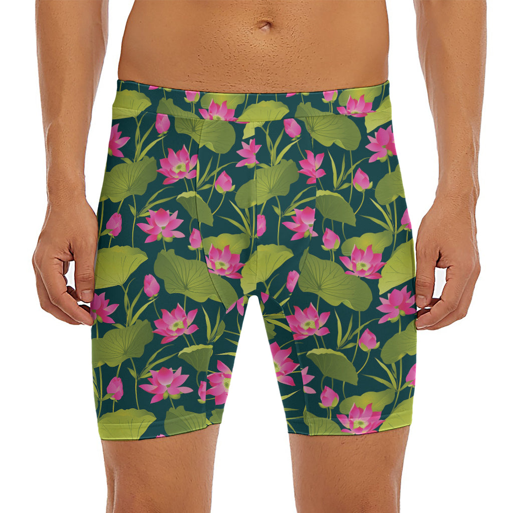 Hot Pink Lotus Pattern Print Men's Long Boxer Briefs