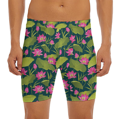 Hot Pink Lotus Pattern Print Men's Long Boxer Briefs