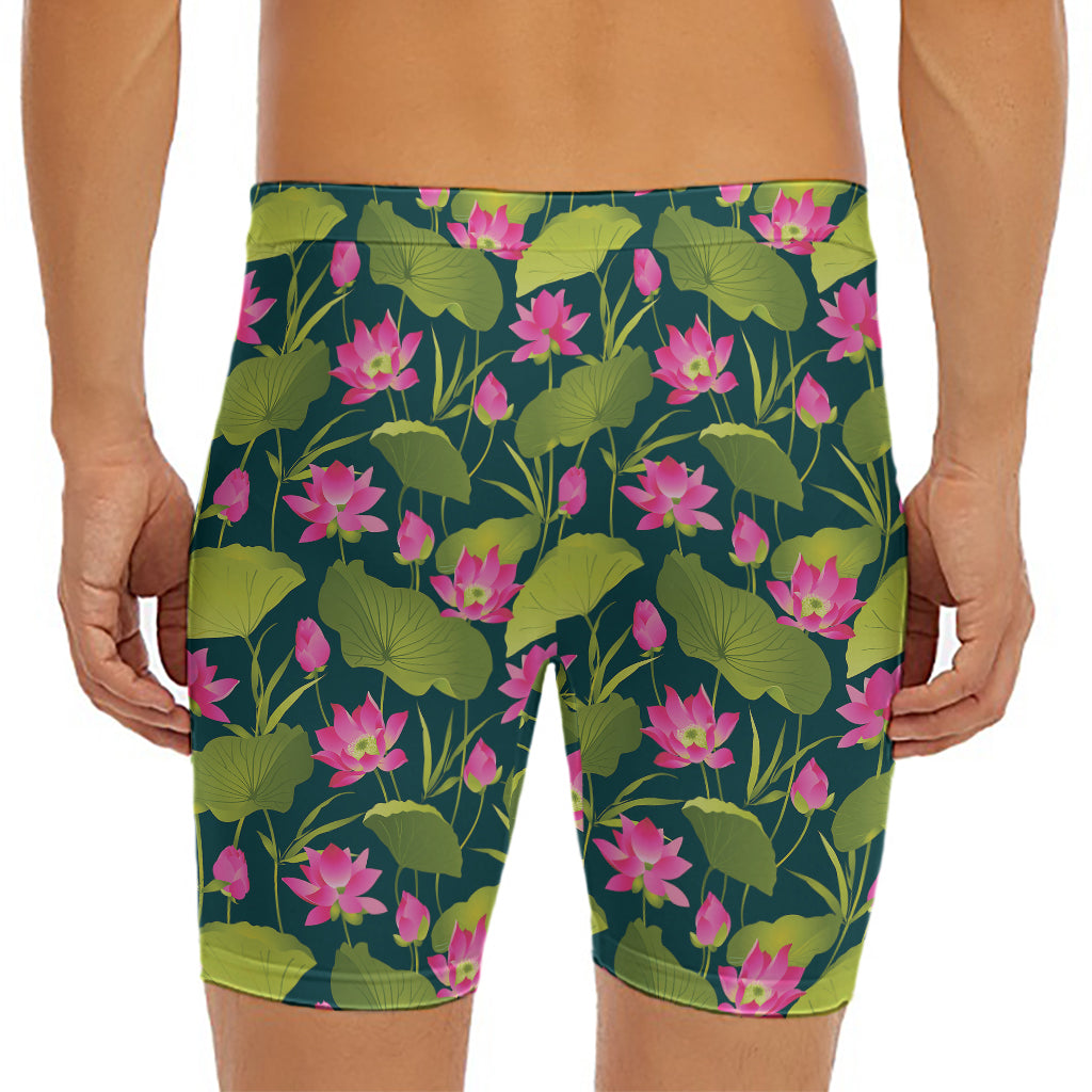 Hot Pink Lotus Pattern Print Men's Long Boxer Briefs