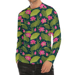Hot Pink Lotus Pattern Print Men's Long Sleeve Rash Guard