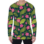 Hot Pink Lotus Pattern Print Men's Long Sleeve T-Shirt