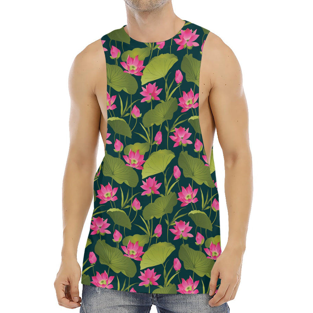Hot Pink Lotus Pattern Print Men's Muscle Tank Top
