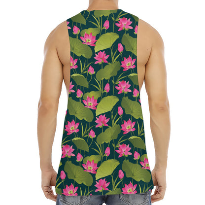 Hot Pink Lotus Pattern Print Men's Muscle Tank Top