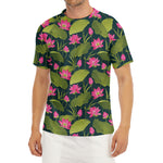 Hot Pink Lotus Pattern Print Men's Short Sleeve Rash Guard
