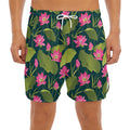 Hot Pink Lotus Pattern Print Men's Split Running Shorts
