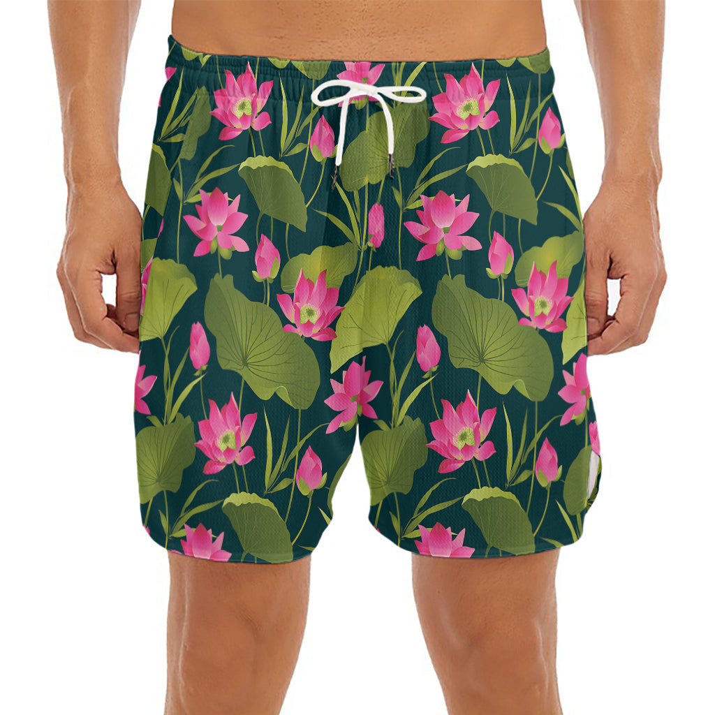 Hot Pink Lotus Pattern Print Men's Split Running Shorts