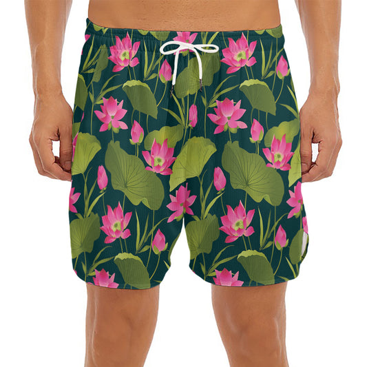 Hot Pink Lotus Pattern Print Men's Split Running Shorts