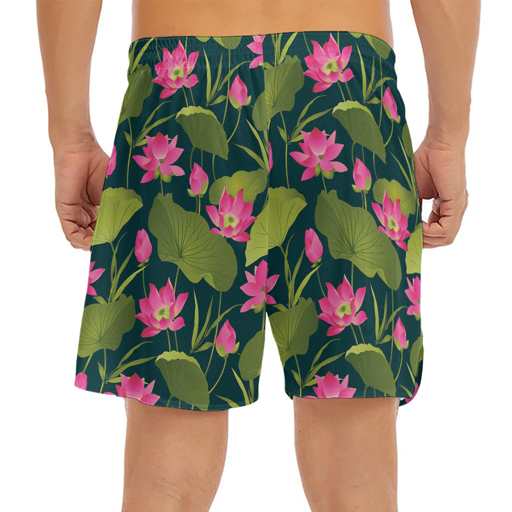 Hot Pink Lotus Pattern Print Men's Split Running Shorts