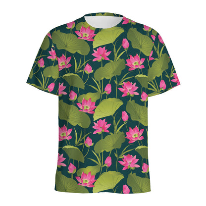 Hot Pink Lotus Pattern Print Men's Sports T-Shirt