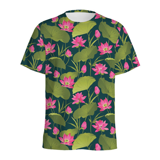 Hot Pink Lotus Pattern Print Men's Sports T-Shirt