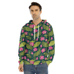 Hot Pink Lotus Pattern Print Men's Velvet Pullover Hoodie