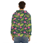 Hot Pink Lotus Pattern Print Men's Velvet Pullover Hoodie