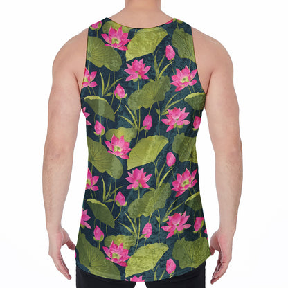 Hot Pink Lotus Pattern Print Men's Velvet Tank Top