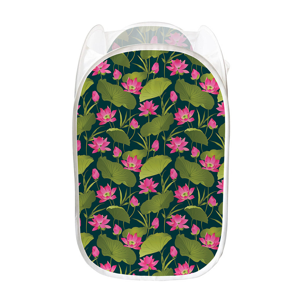 Hot Pink Lotus Pattern Print Mesh Laundry Hamper
