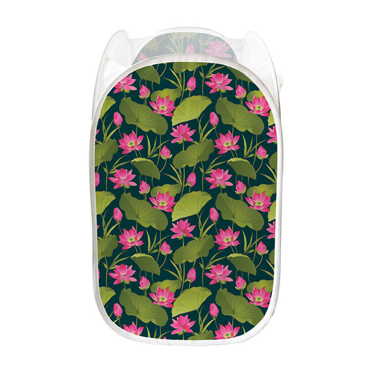 Hot Pink Lotus Pattern Print Mesh Laundry Hamper