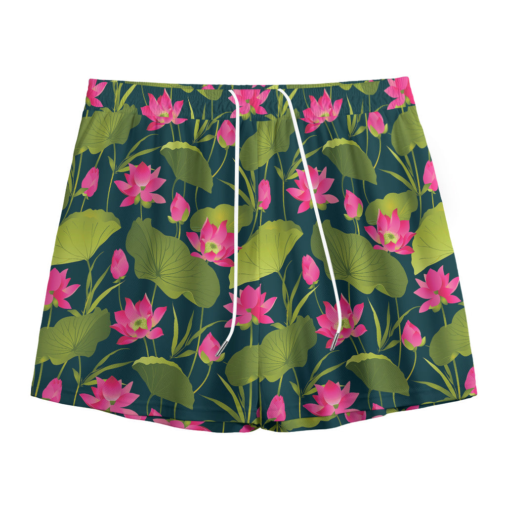 Hot Pink Lotus Pattern Print Mesh Shorts