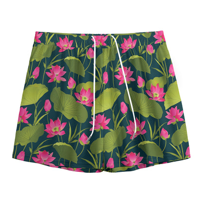 Hot Pink Lotus Pattern Print Mesh Shorts