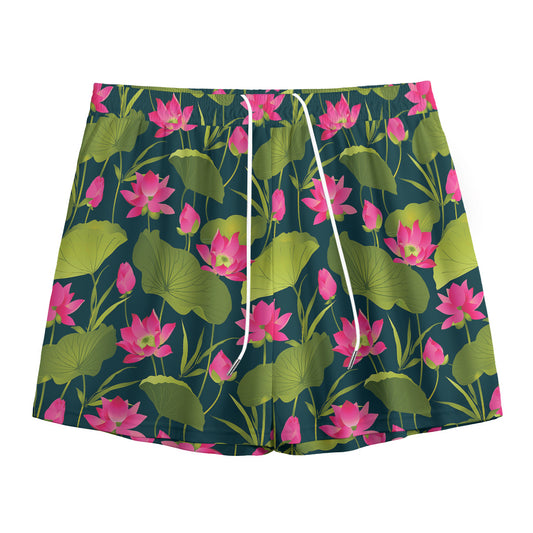 Hot Pink Lotus Pattern Print Mesh Shorts