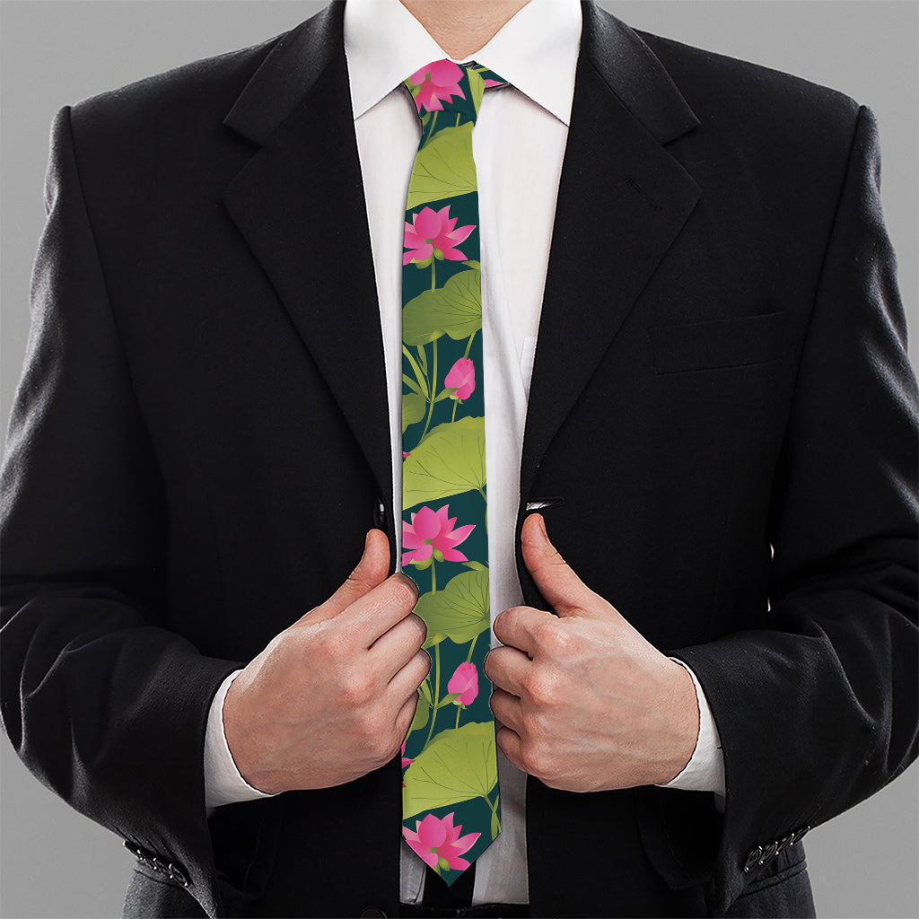 Hot Pink Lotus Pattern Print Necktie