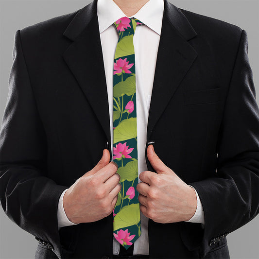 Hot Pink Lotus Pattern Print Necktie