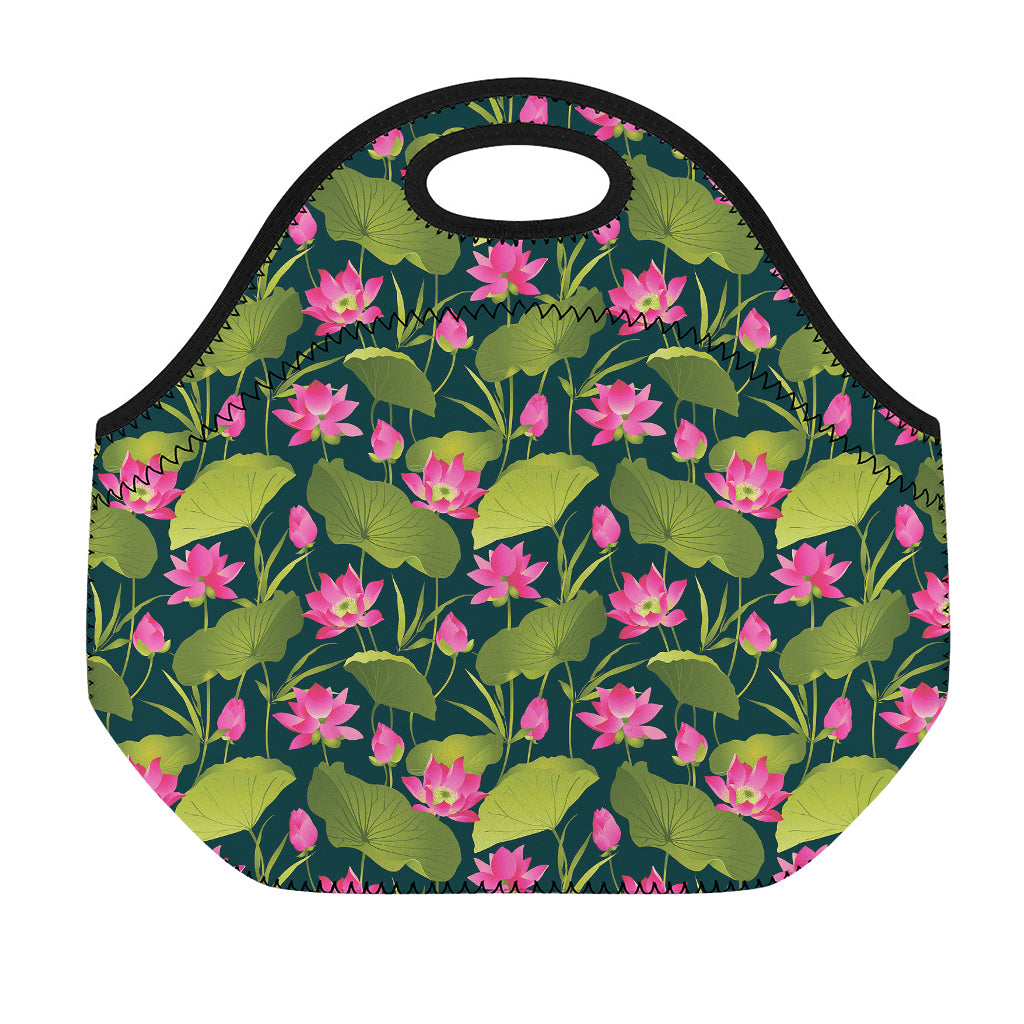 Hot Pink Lotus Pattern Print Neoprene Lunch Bag