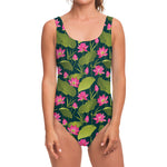 Hot Pink Lotus Pattern Print One Piece Swimsuit