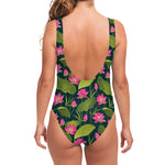 Hot Pink Lotus Pattern Print One Piece Swimsuit