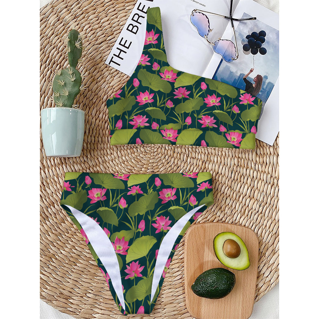 Hot Pink Lotus Pattern Print One Shoulder Bikini Top