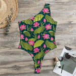 Hot Pink Lotus Pattern Print One Shoulder Bodysuit