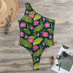 Hot Pink Lotus Pattern Print One Shoulder Bodysuit
