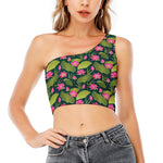 Hot Pink Lotus Pattern Print One Shoulder Crop Top