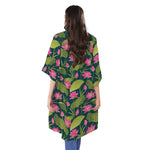 Hot Pink Lotus Pattern Print Open Front Beach Cover Up