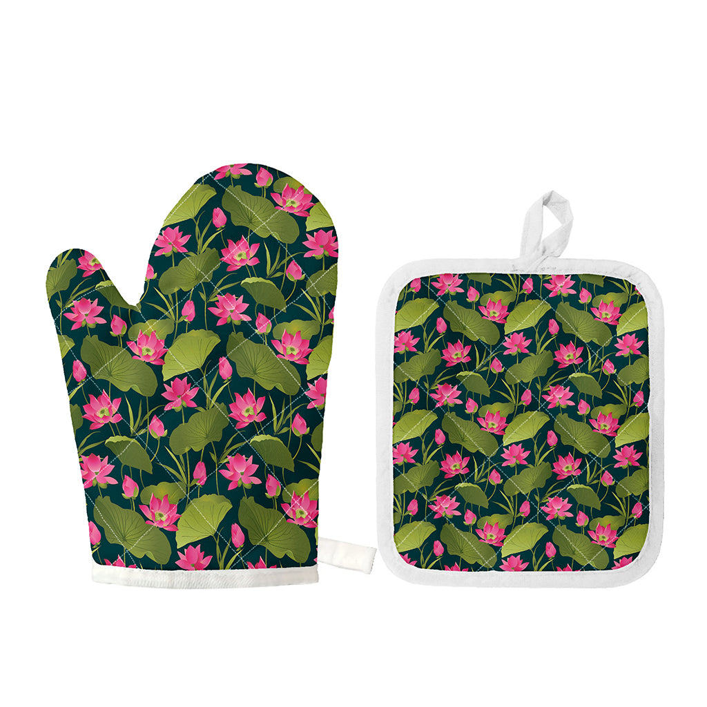 Hot Pink Lotus Pattern Print Oven Mitt And Pot Holder Set