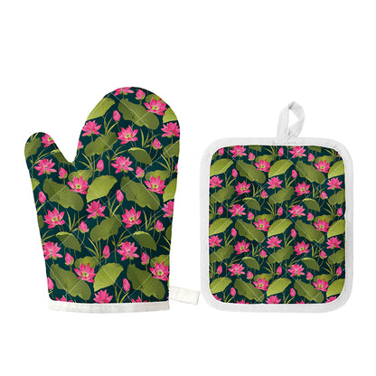 Hot Pink Lotus Pattern Print Oven Mitt And Pot Holder Set