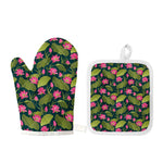 Hot Pink Lotus Pattern Print Oven Mitt And Pot Holder Set