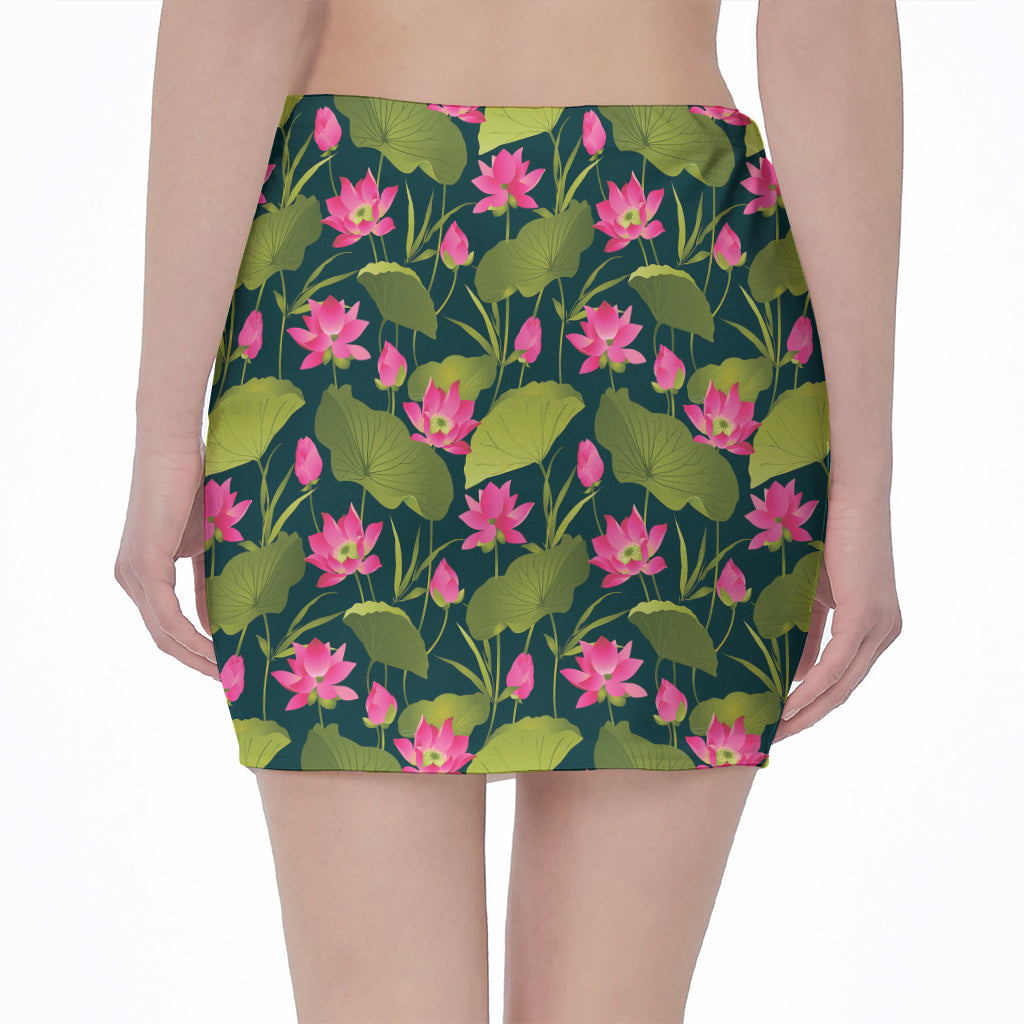 Hot Pink Lotus Pattern Print Pencil Mini Skirt