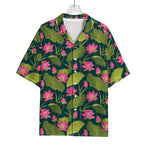 Hot Pink Lotus Pattern Print Rayon Hawaiian Shirt