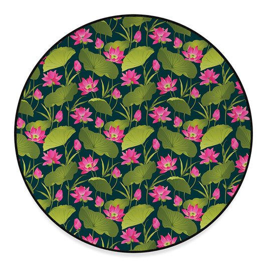 Hot Pink Lotus Pattern Print Round Floor Mat