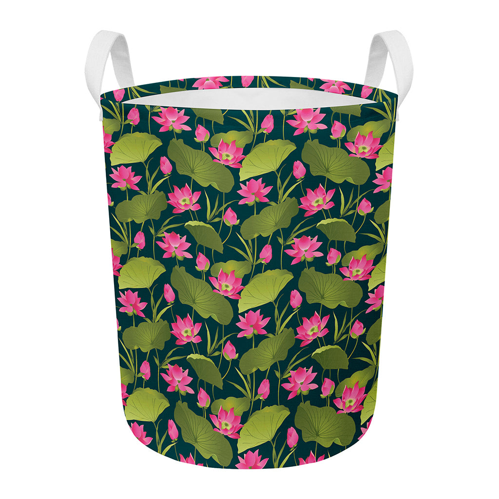 Hot Pink Lotus Pattern Print Round Laundry Basket