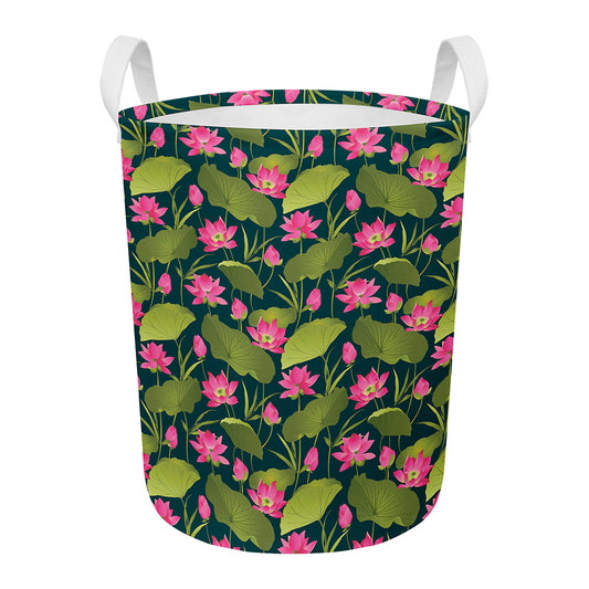 Hot Pink Lotus Pattern Print Round Laundry Basket