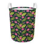 Hot Pink Lotus Pattern Print Round Laundry Basket