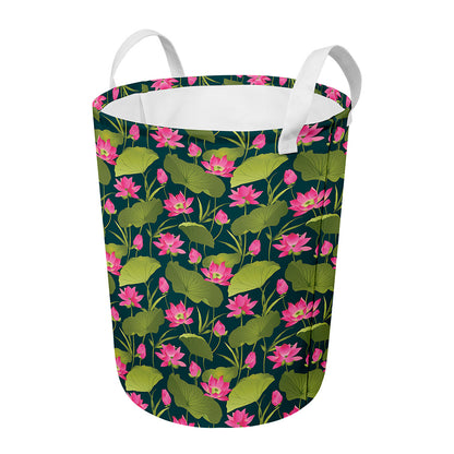Hot Pink Lotus Pattern Print Round Laundry Basket