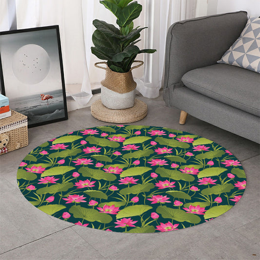 Hot Pink Lotus Pattern Print Round Rug