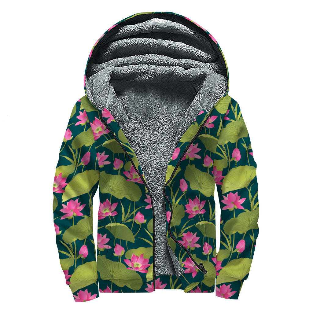 Hot Pink Lotus Pattern Print Sherpa Lined Zip Up Hoodie