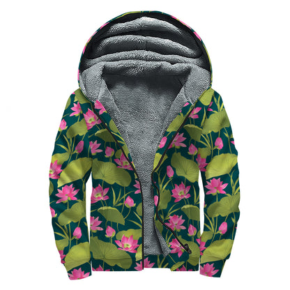 Hot Pink Lotus Pattern Print Sherpa Lined Zip Up Hoodie