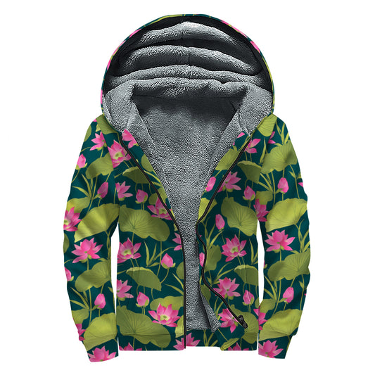 Hot Pink Lotus Pattern Print Sherpa Lined Zip Up Hoodie